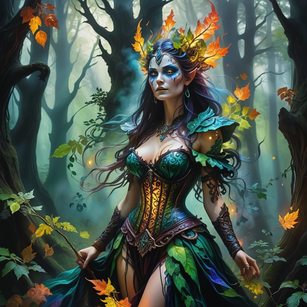 Sorceress in Mist-Shrouded Forest: Vibrant Oil Painting
