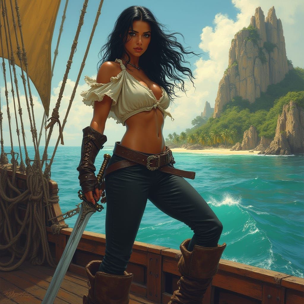 Heroic Pirate Maiden Stands Tall on Weathered Deck