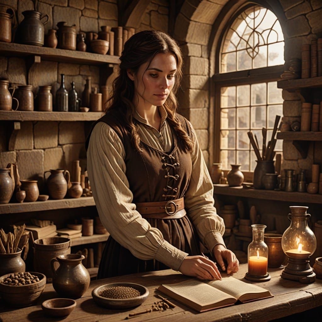 Medieval Alchemist in Her Workshop: Digital Art