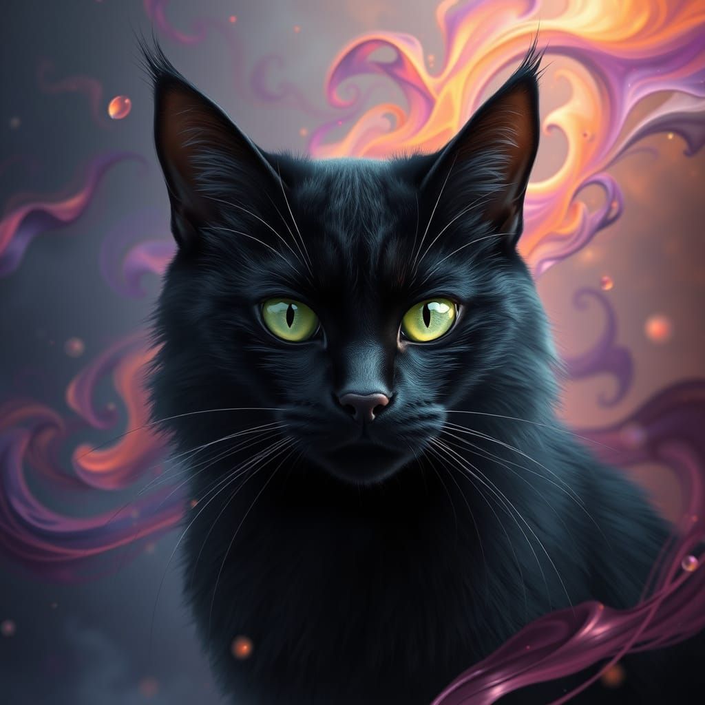 Majestic Black Cat in Ethereal Fantasy Landscape