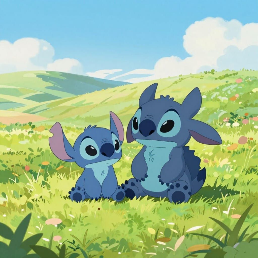 Stitch and Toothless Share Companionship on Sun-Dappled Hill...
