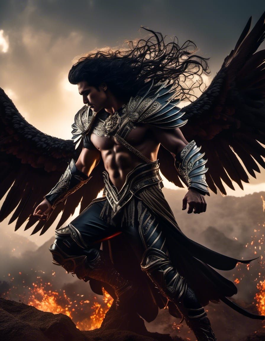 Fallen Angel Kneeling in Crater: Dark Fantasy Realism