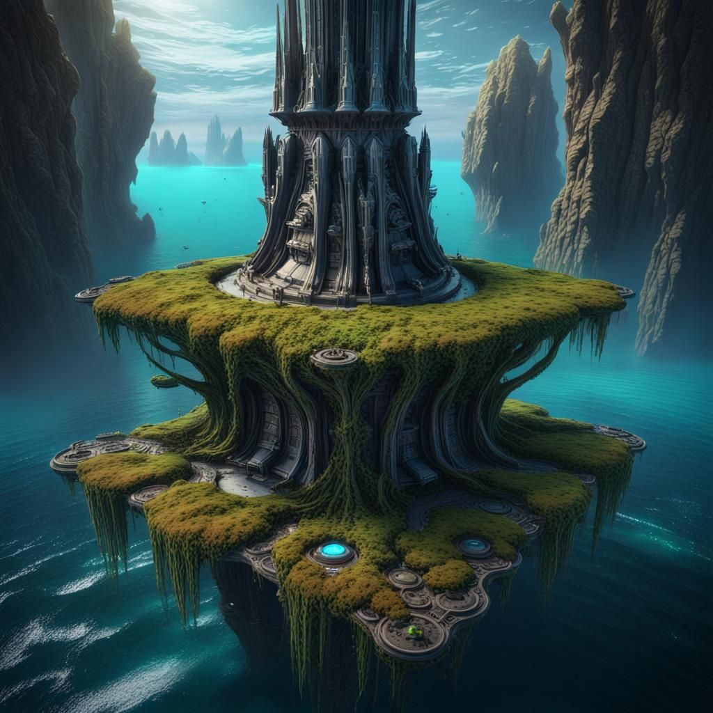 Alien Spire Rock Space Station in Ocean: Detailed Matte Pain...