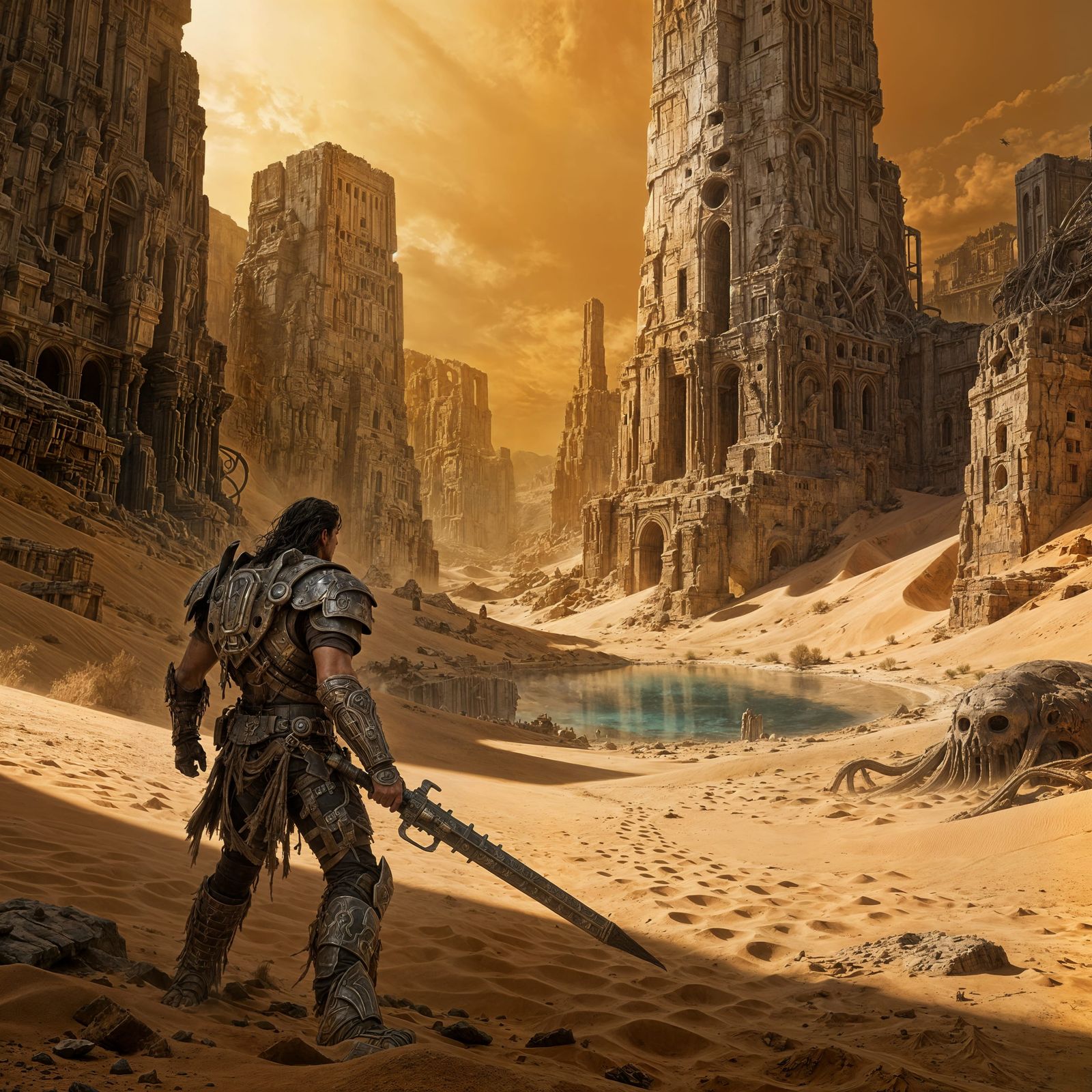 Barbarian Warrior Defends Desert Oasis in Epic Sci-Fi Scene