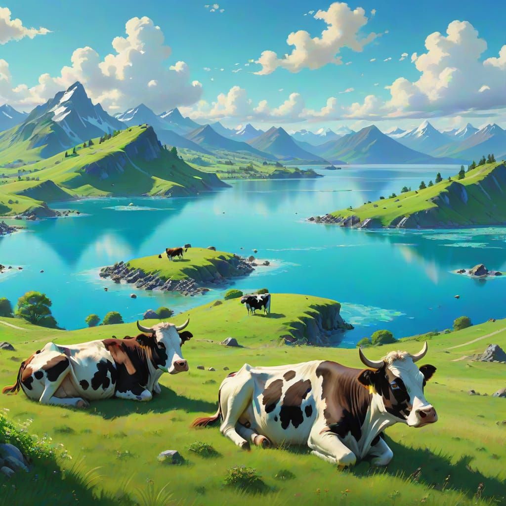 Serene Cows on Grassy Hill Overlooking Blue Lagoon