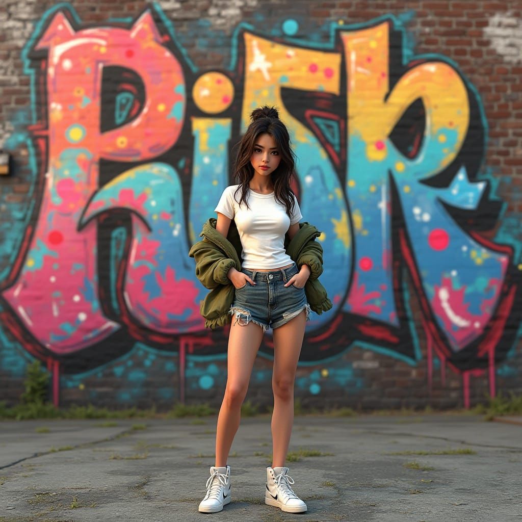 Girl in Front of Vibrant Graffiti Mural with Minimalist Cat ...