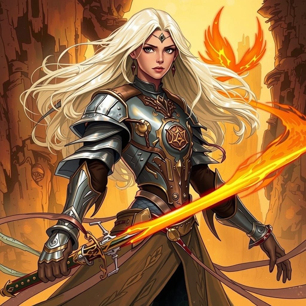 Elegant Female Elf Warrior in Phoenix-Inspired Armor