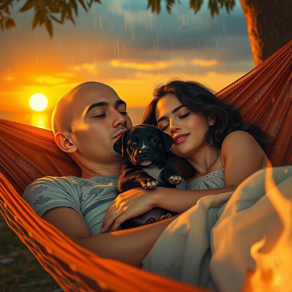 Peaceful Hammock Scene with Puppy, Photorealistic Style