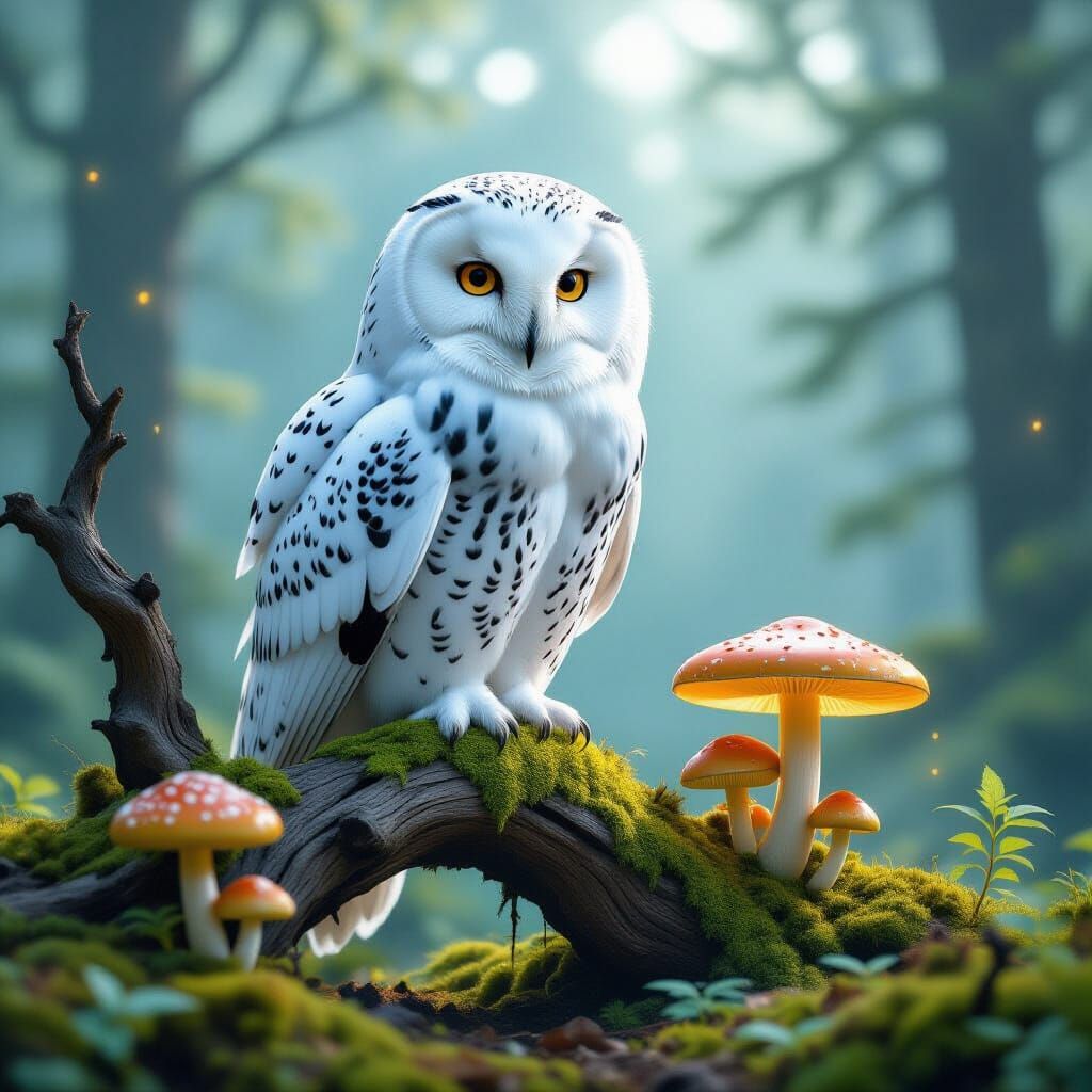 Hyperrealistic Snowy Owl on Gnarled Branch with Glowing Mush...