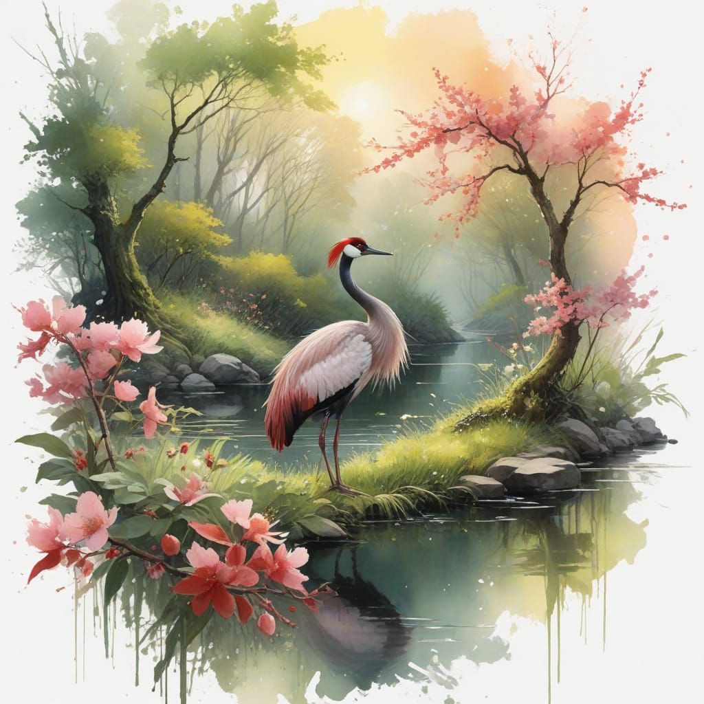 Cherry Blossom Grove at Golden Dawn with Red-Crowned Crane
