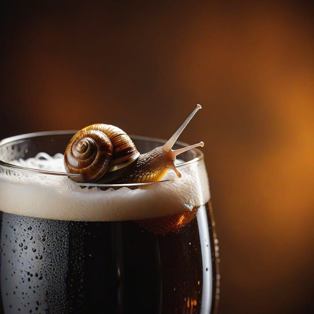 Snail Savoring Rich Stout Beer in Macro Photography