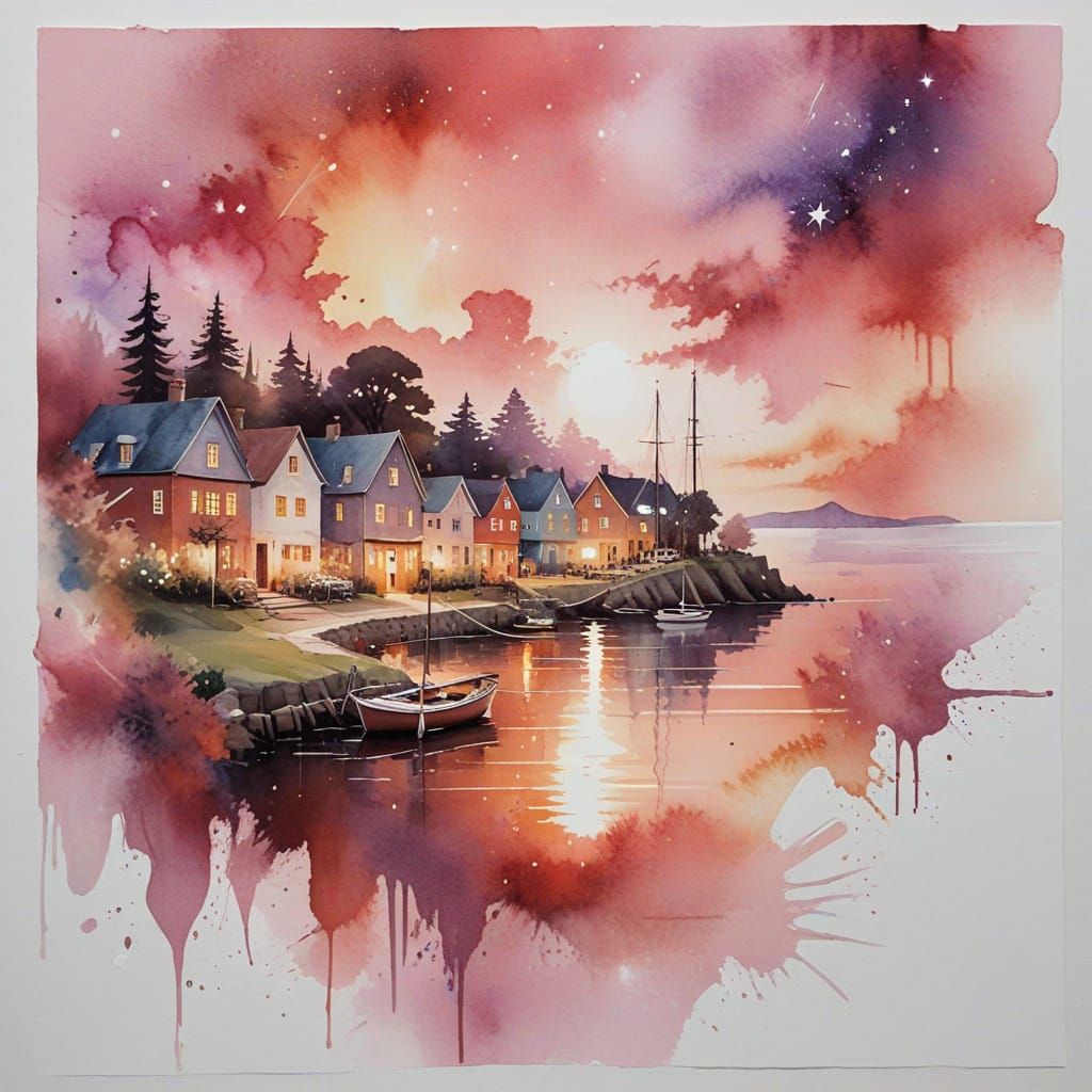 Dreamy Watercolor Harbor Village Scene with Sailboat and Sta...