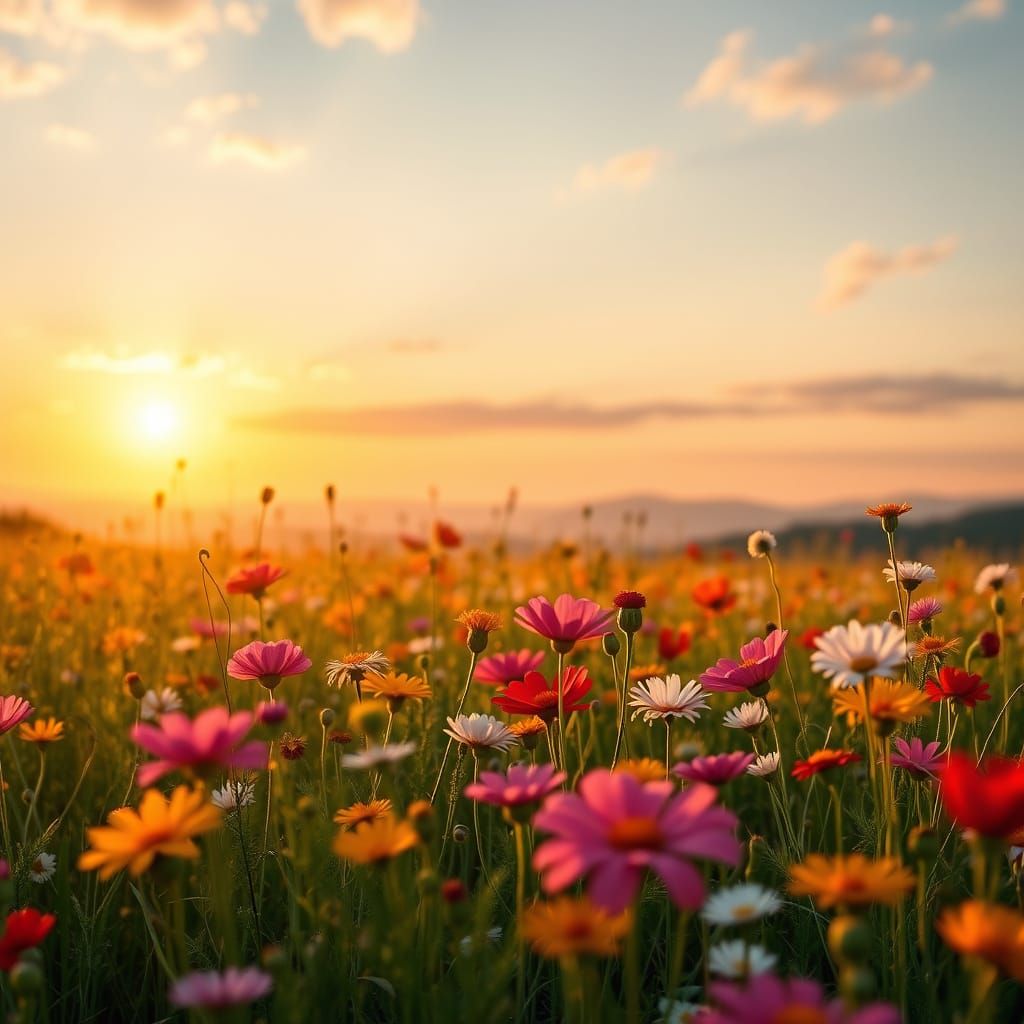 Golden Hour Wildflower Meadow in Hyper-Realistic Style