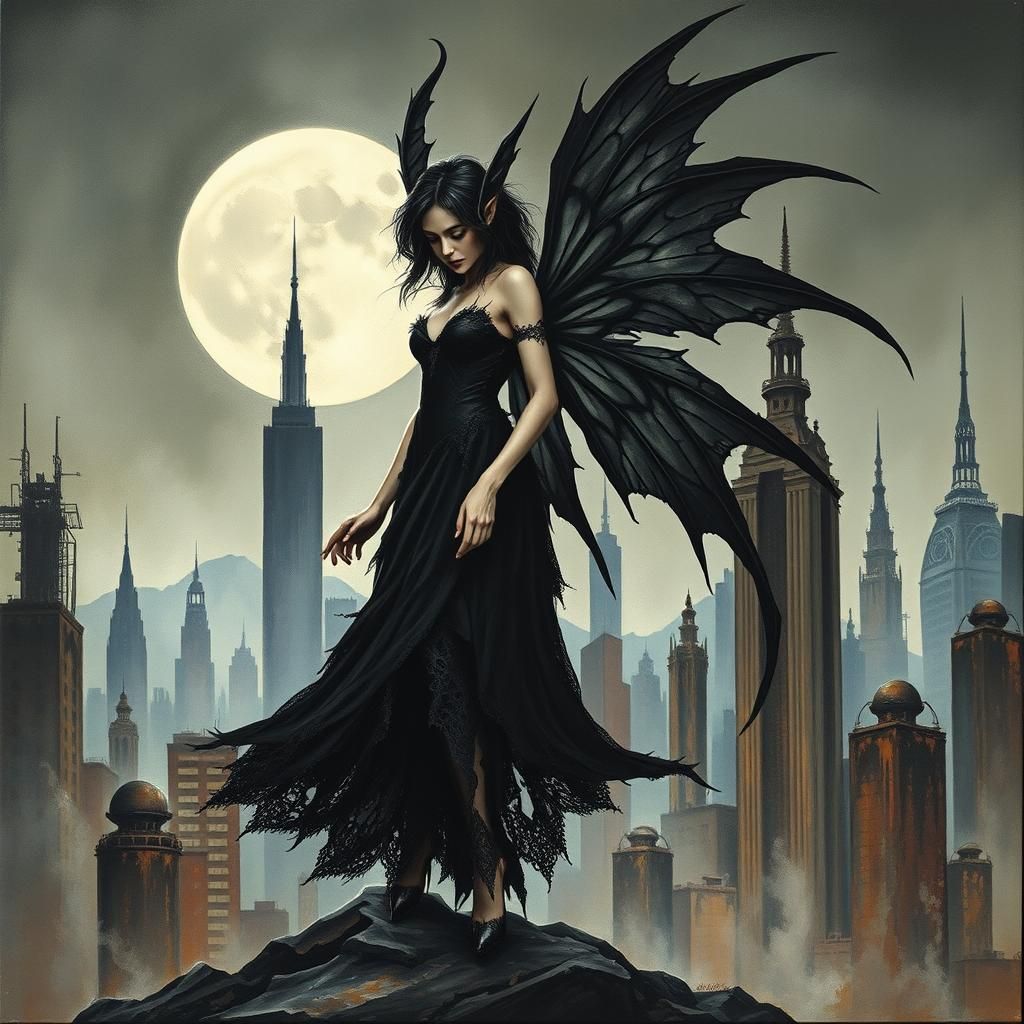 Dark Fairy Elf in Dystopian Cityscape