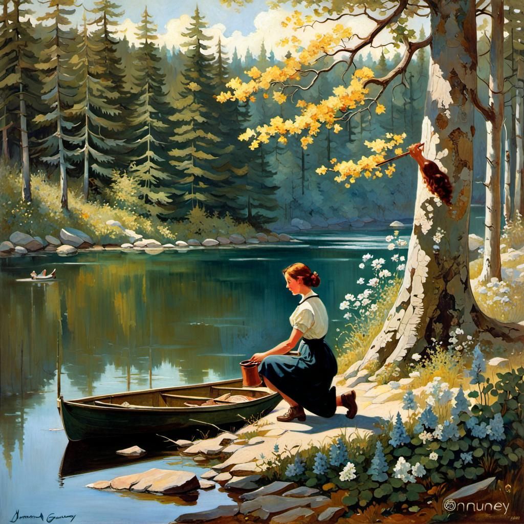 Blooming Flowers by the Lake, Rockwell Style