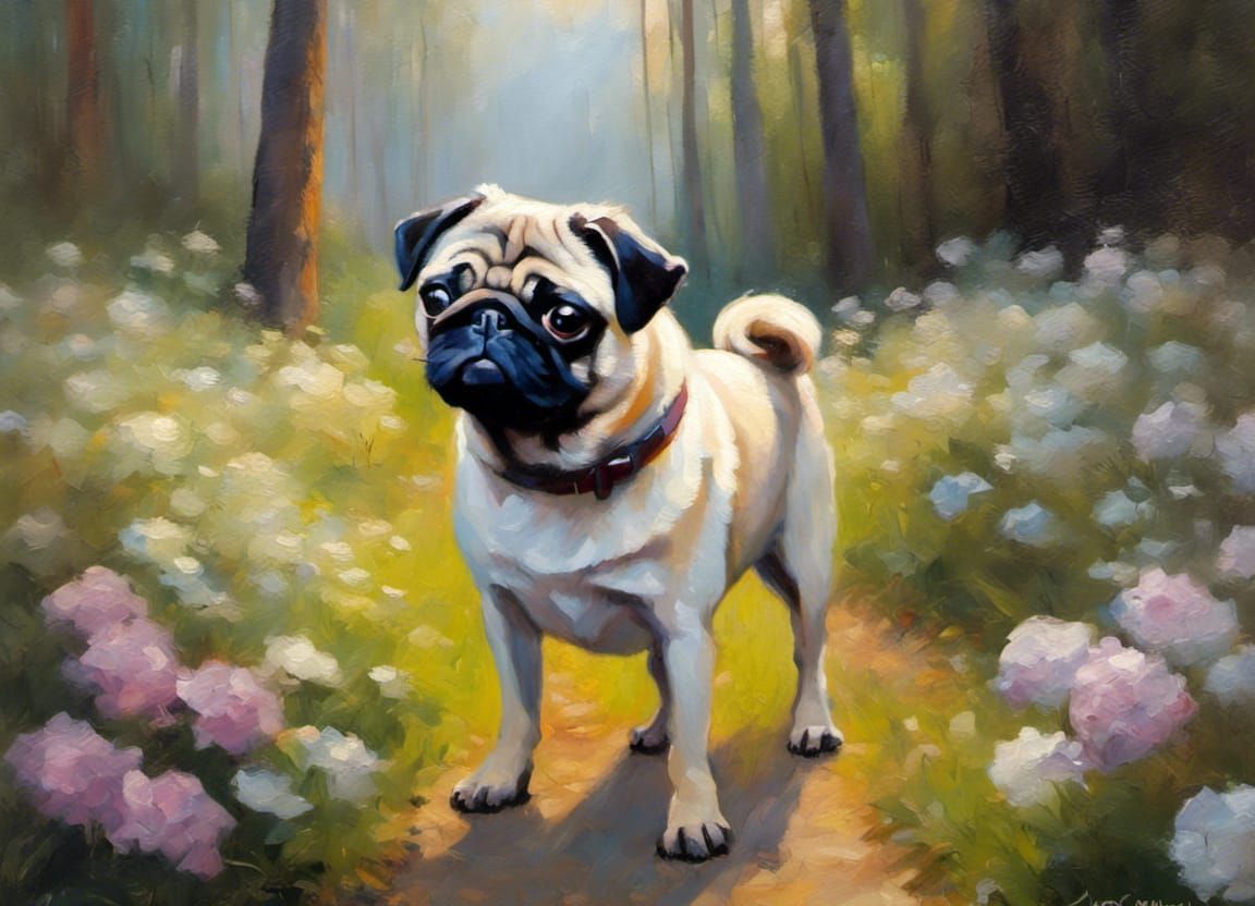 Pug's Forest Path: An Oil Painting