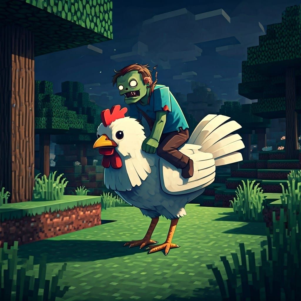 Zombie Chicken Rider in Minecraft World: Cel-Shaded Manga