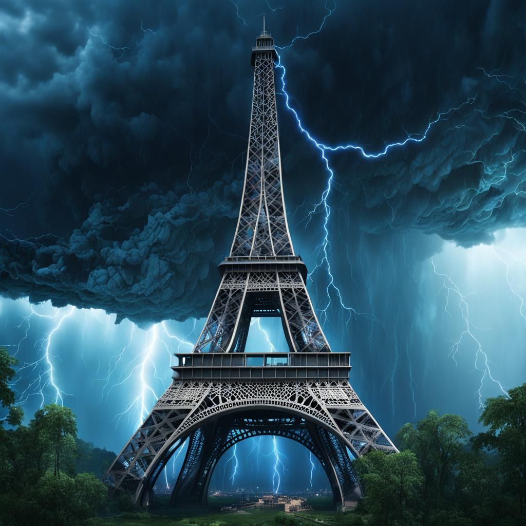Eiffel Tower Amidst a Fantastical Thunderstorm