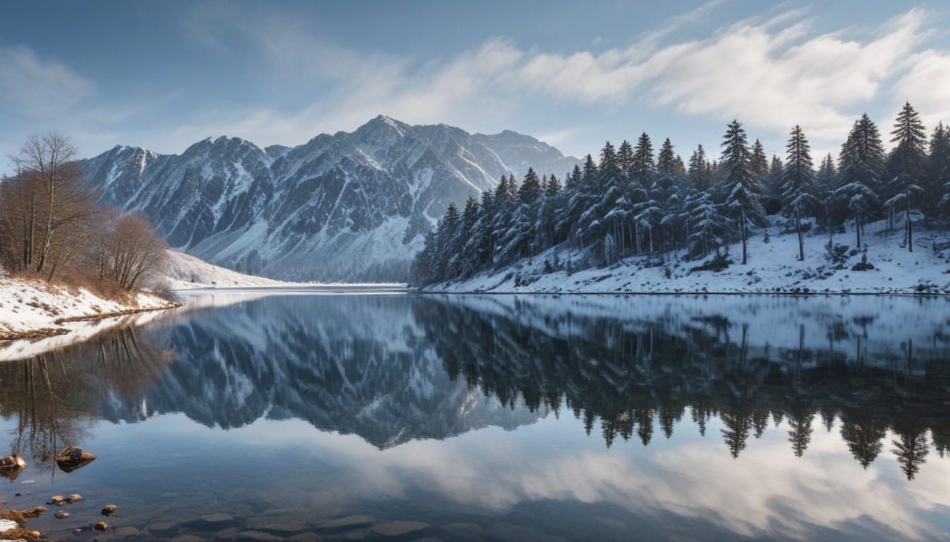 Mirrored Winter Wonders in a Surreal Summer Lake Landscape