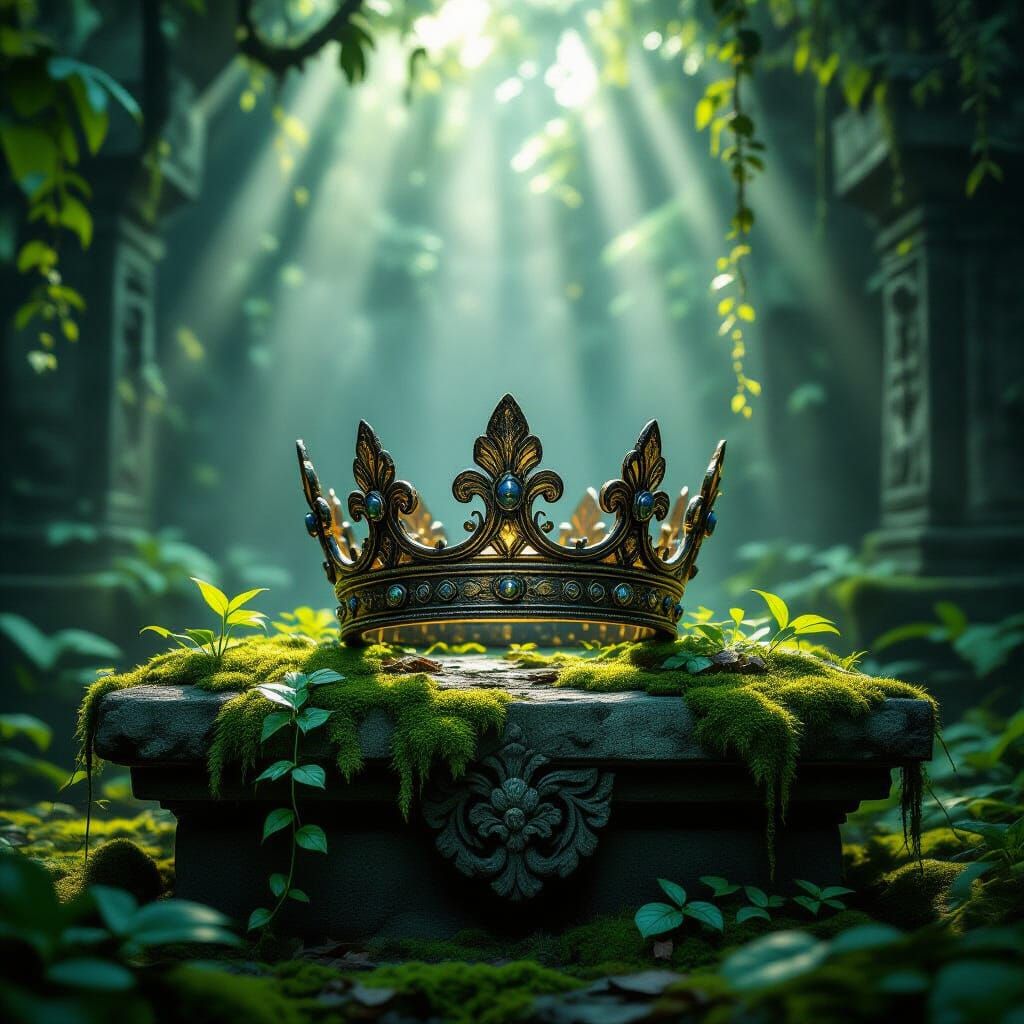 Ancient Stone Crown on Jungle Altar in Dark Fantasy Style