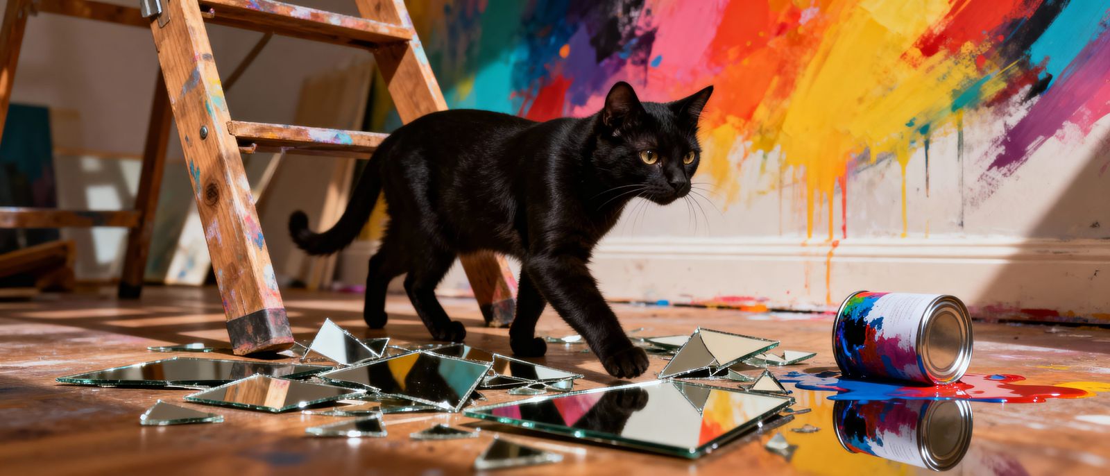 Black Cat, Broken Mirror and Spilled Paint