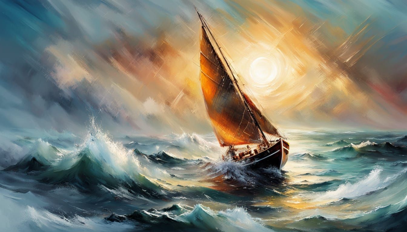 Winter Seascape: Sailing Boat in Stormy Mist