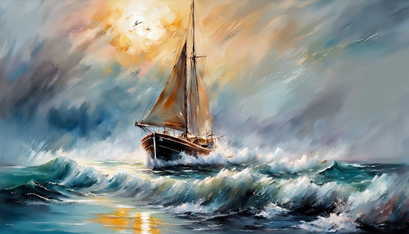 Winter Seascape: Sailing Boat in Stormy Impasto Painting