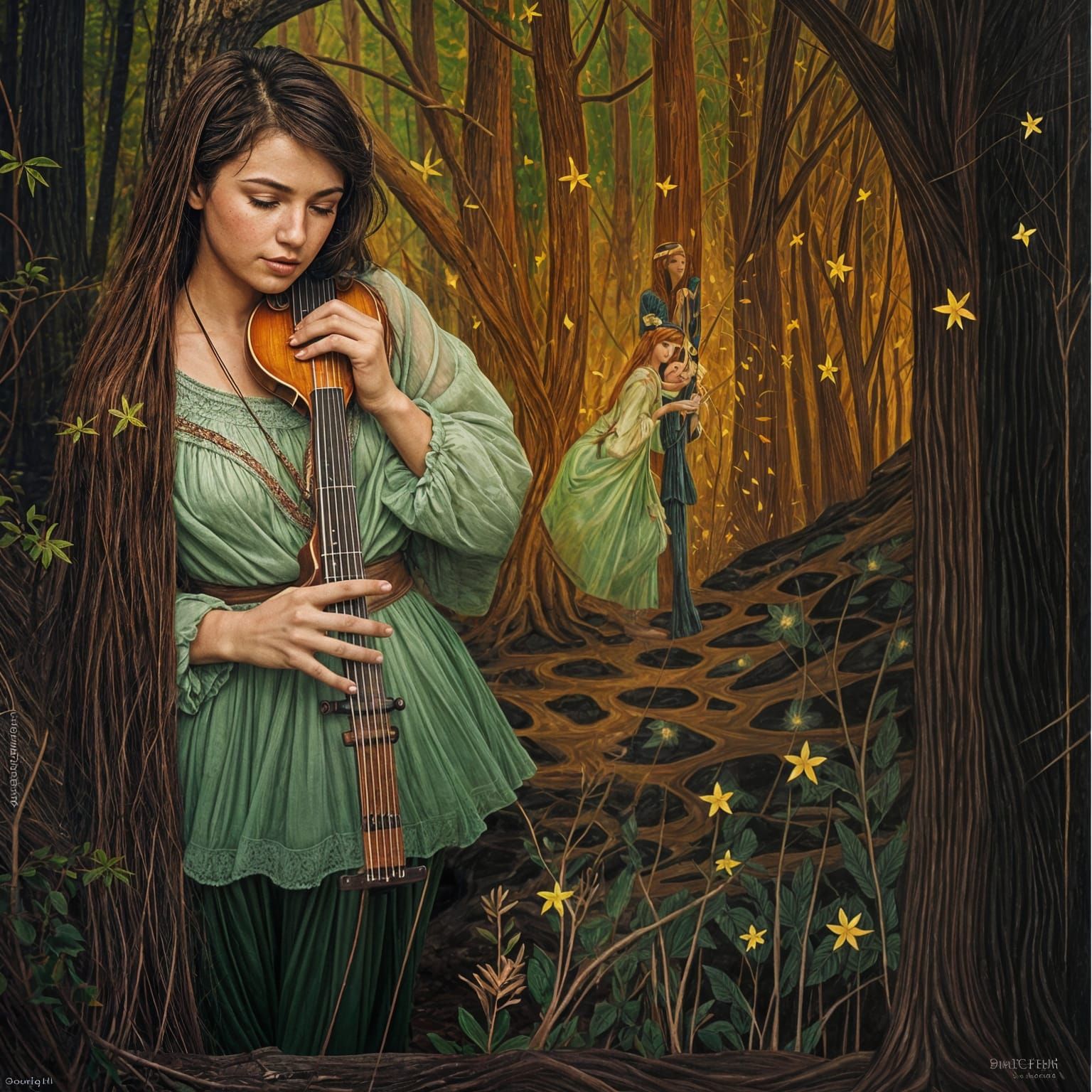 Ethereal Woman in Woodland, Playing a Lute Amidst Whispers o...