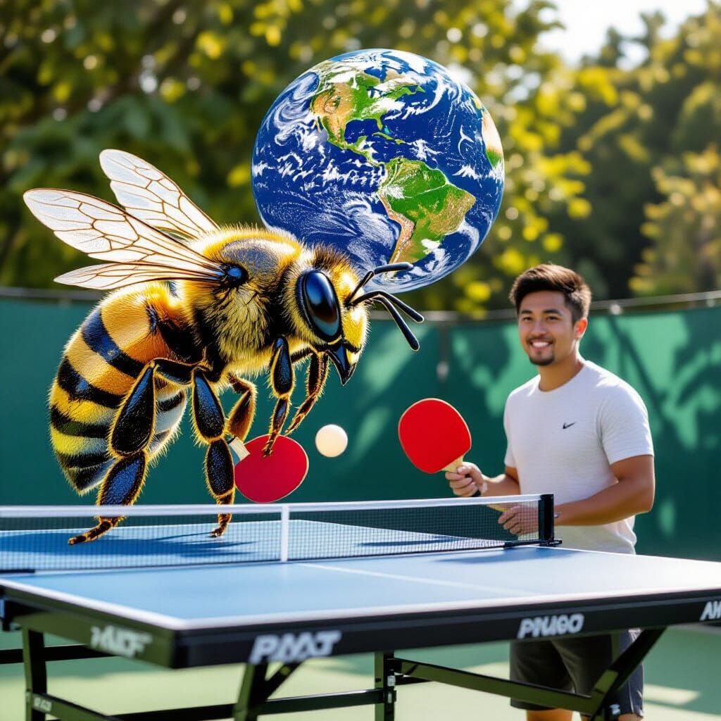 Giant Bee Plays Ping Pong in Lush Meadow