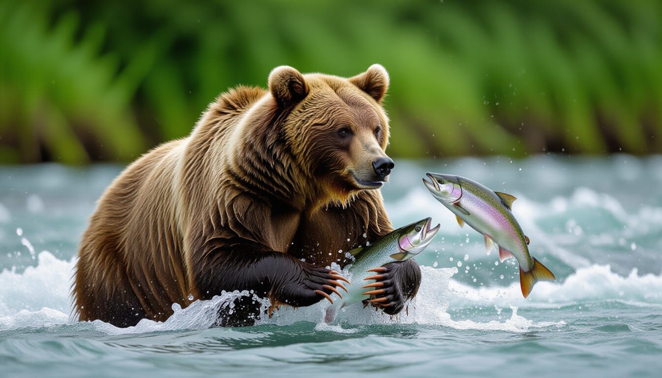 Brown Bear Grabs Salmon in Rushing Water Wildlife Photo