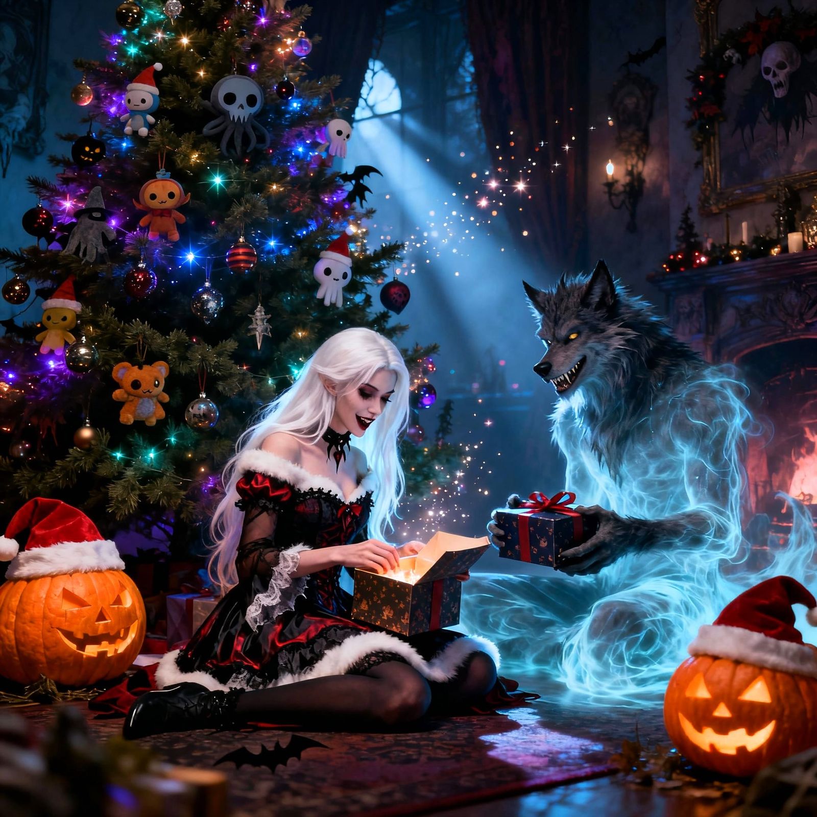 Gothic Christmas Vampiress and Werewolf by Tree