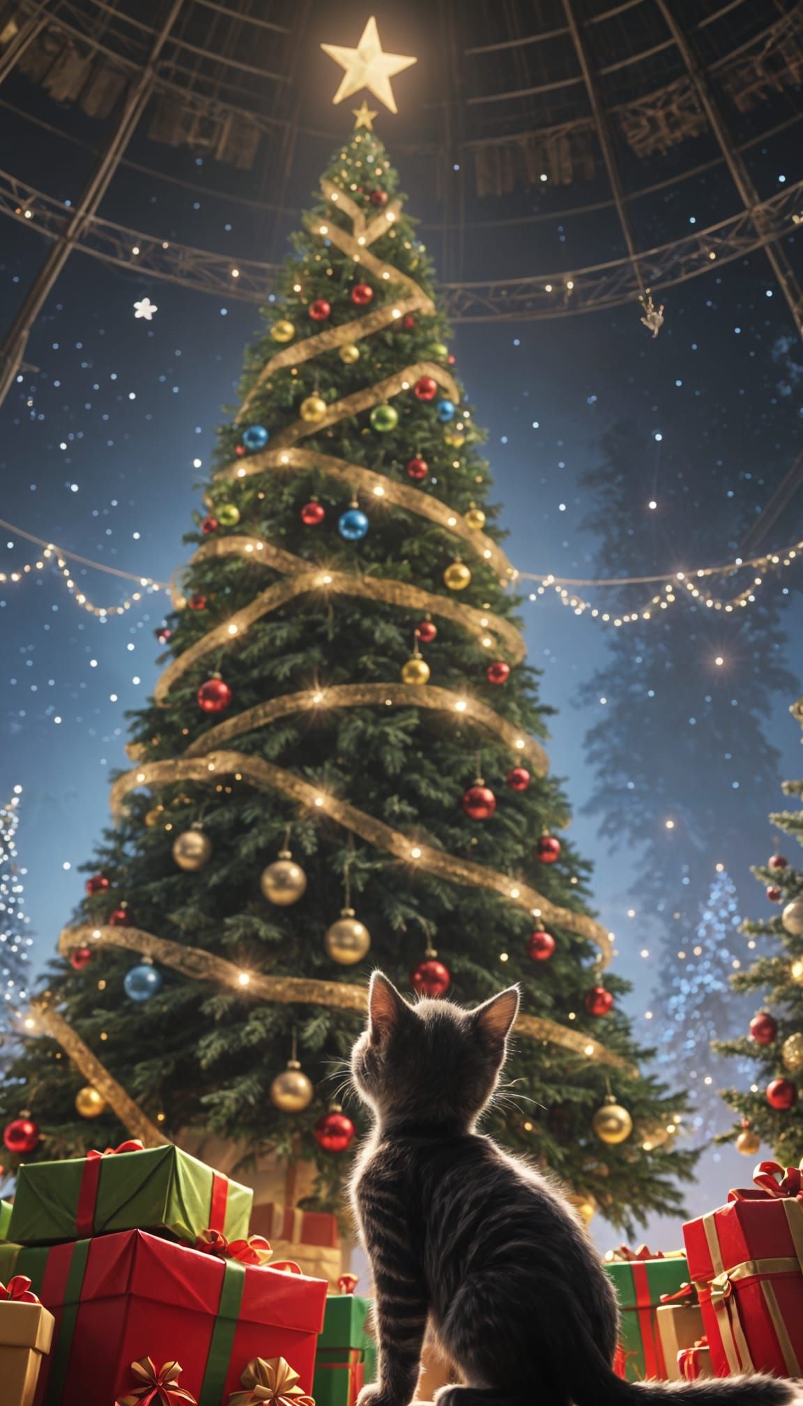 Tiny Kitten Looks Up at Majestic Christmas Tree