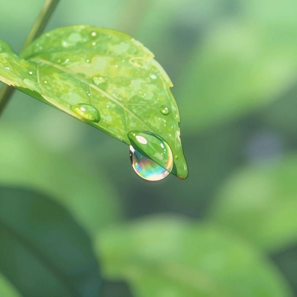 Glistening Dewdrop on Leaf in Anime Pastel Style