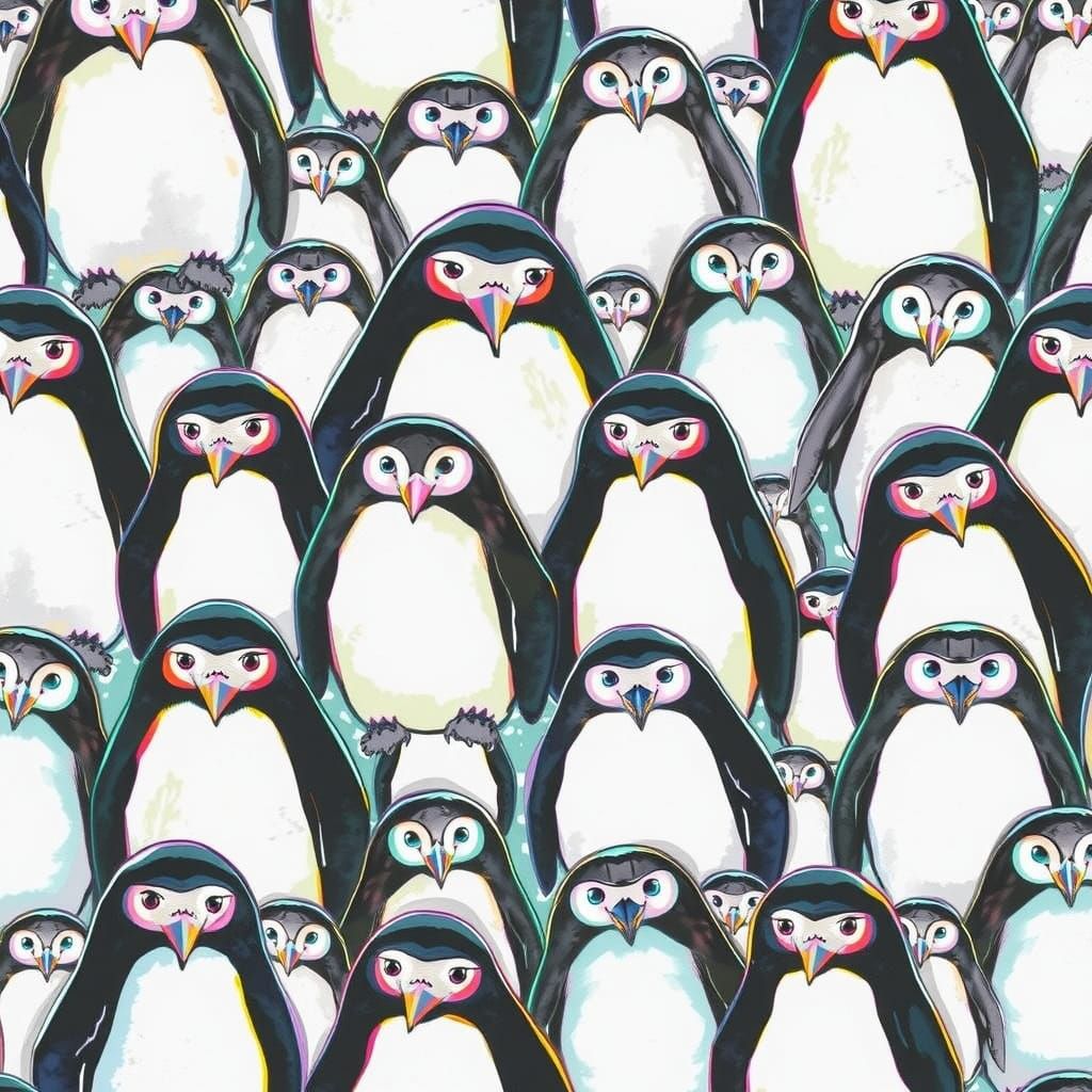 Vibrant Penguins on Glacier Edge in Impressionist Style