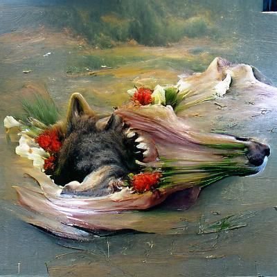 Surreal Wolf Head Bursting with Flowers