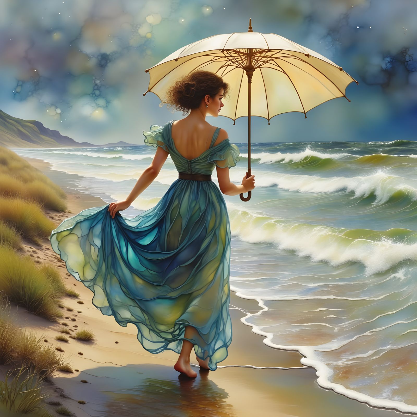 Victorian Maiden with Umbrella on Beach