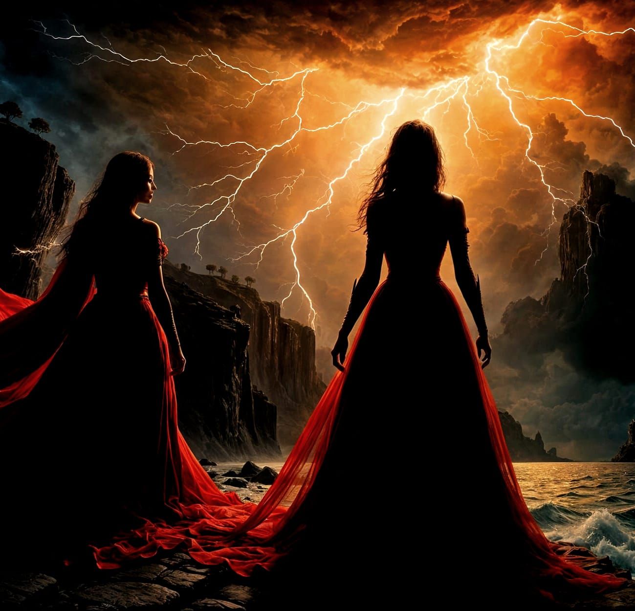Woman in Red Gown Observes Lightning Storm