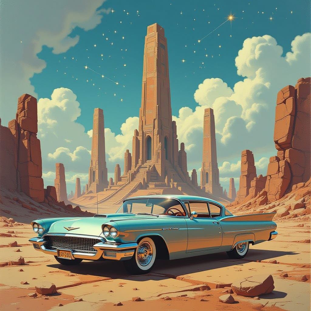 Retro-Futuristic Car Amidst Ancient Ruins