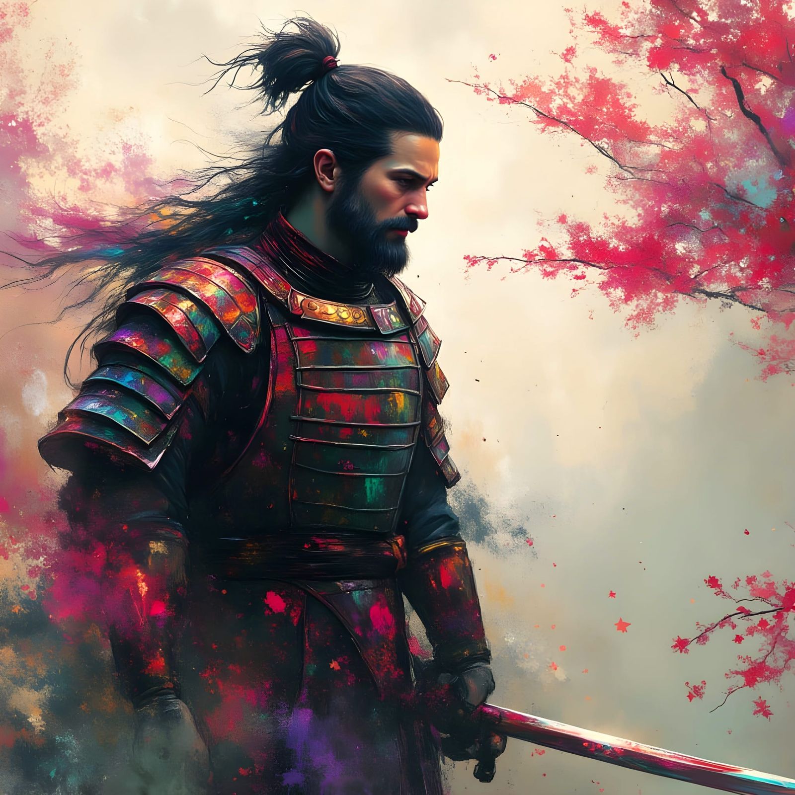 Grungy Samurai Warrior in Misty Forest