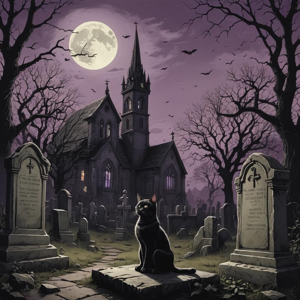 Gothic Cat on Graveyard Wall Illustration