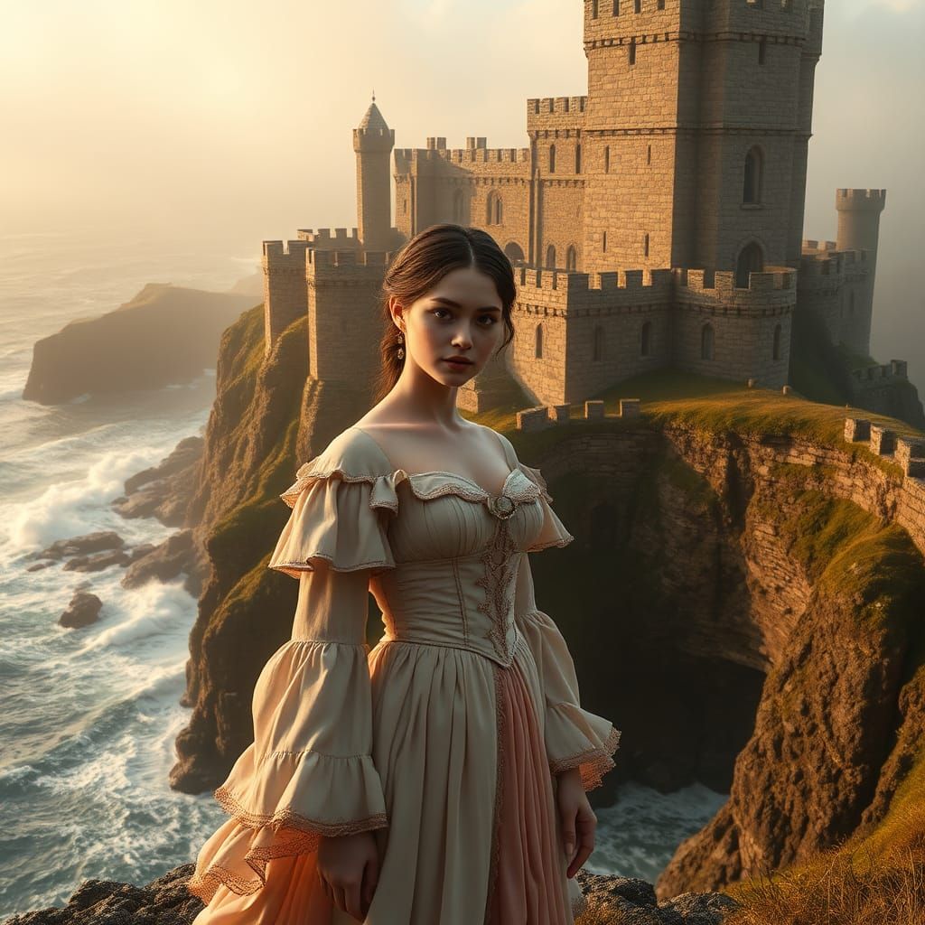 Enchanting Seaside Castle with Woman in Period Dress