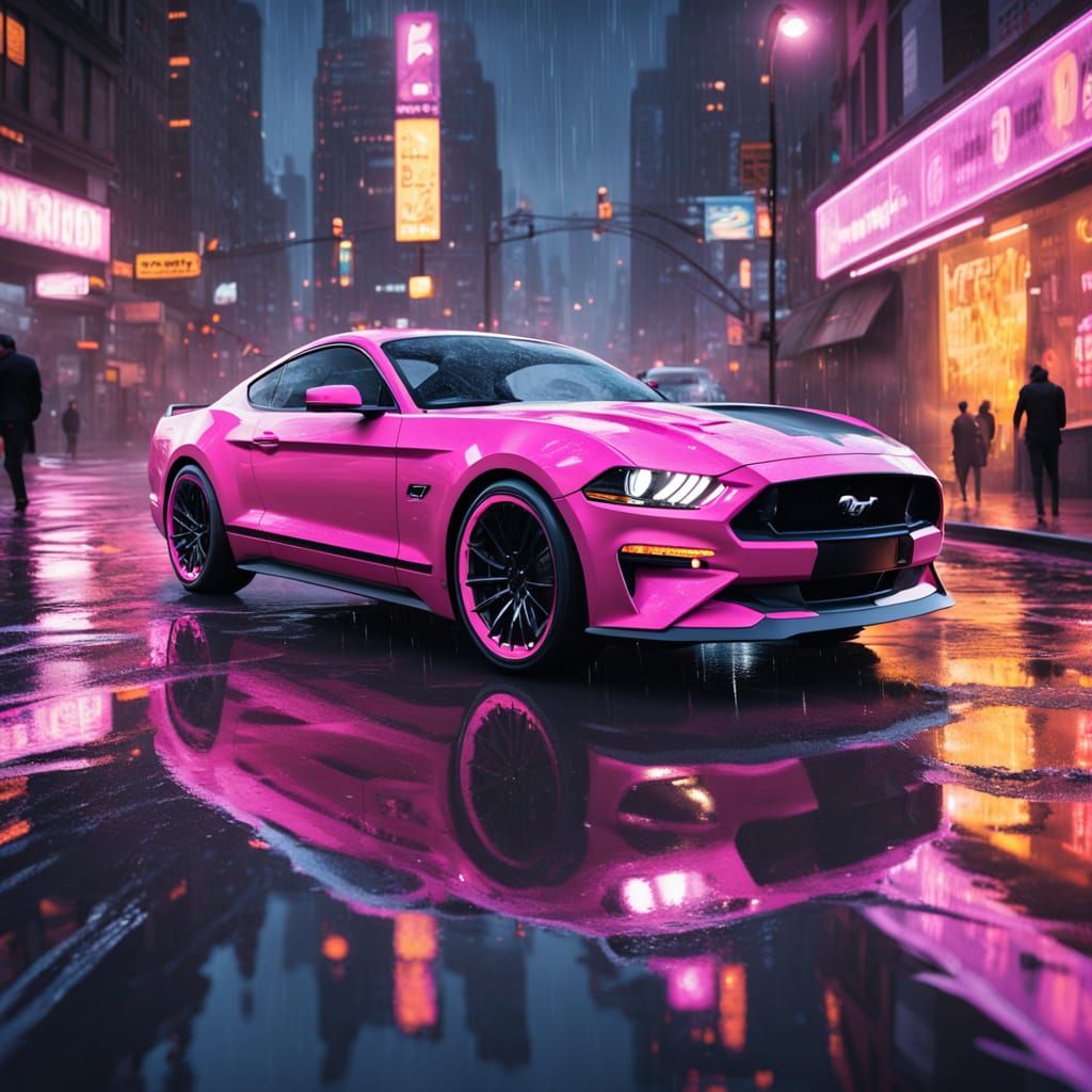 Sleek Futuristic Ford Mustang Shines in Neon Cityscape