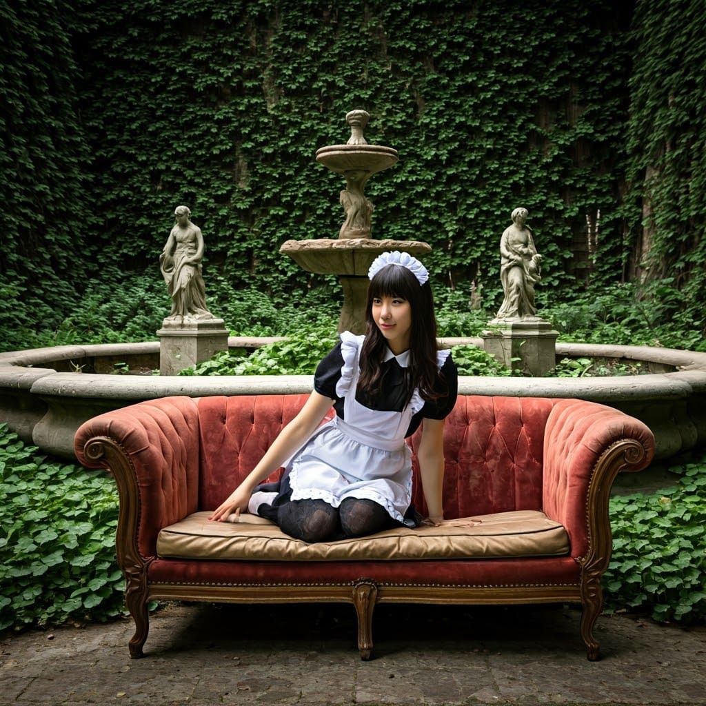 Cute Maid in Whimsical Garden Setting