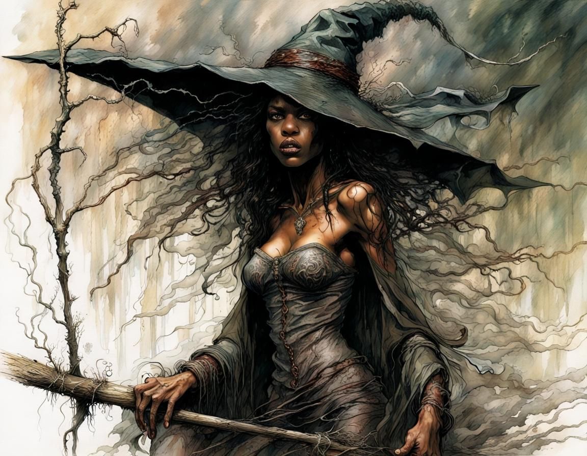 Gloomy Gothic Witch Flying in Rainstorm