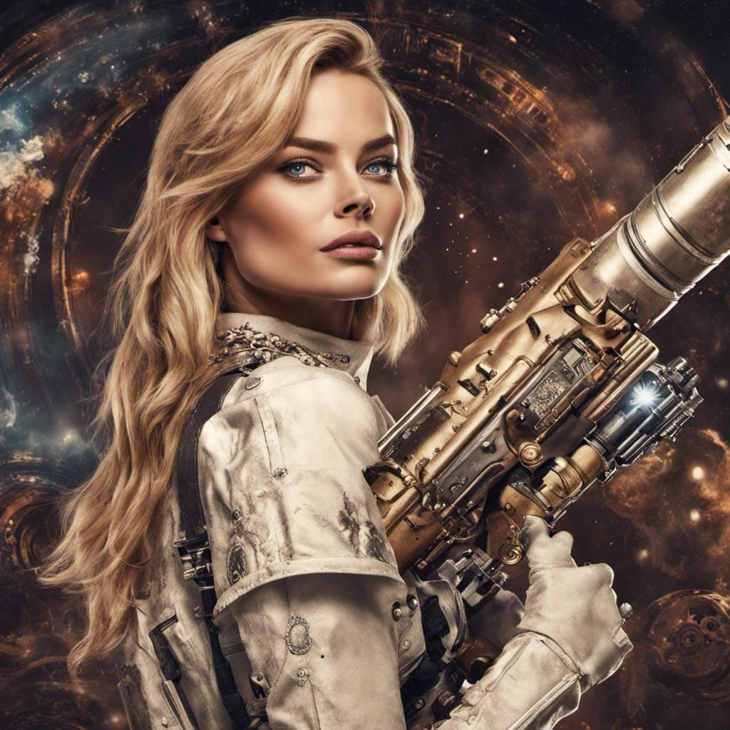 Margot Robbie as Steampunk Barbarella, Hyperrealistic