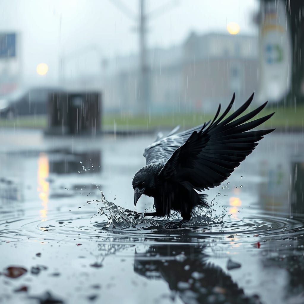 Mysterious Raven Plays in the Rain