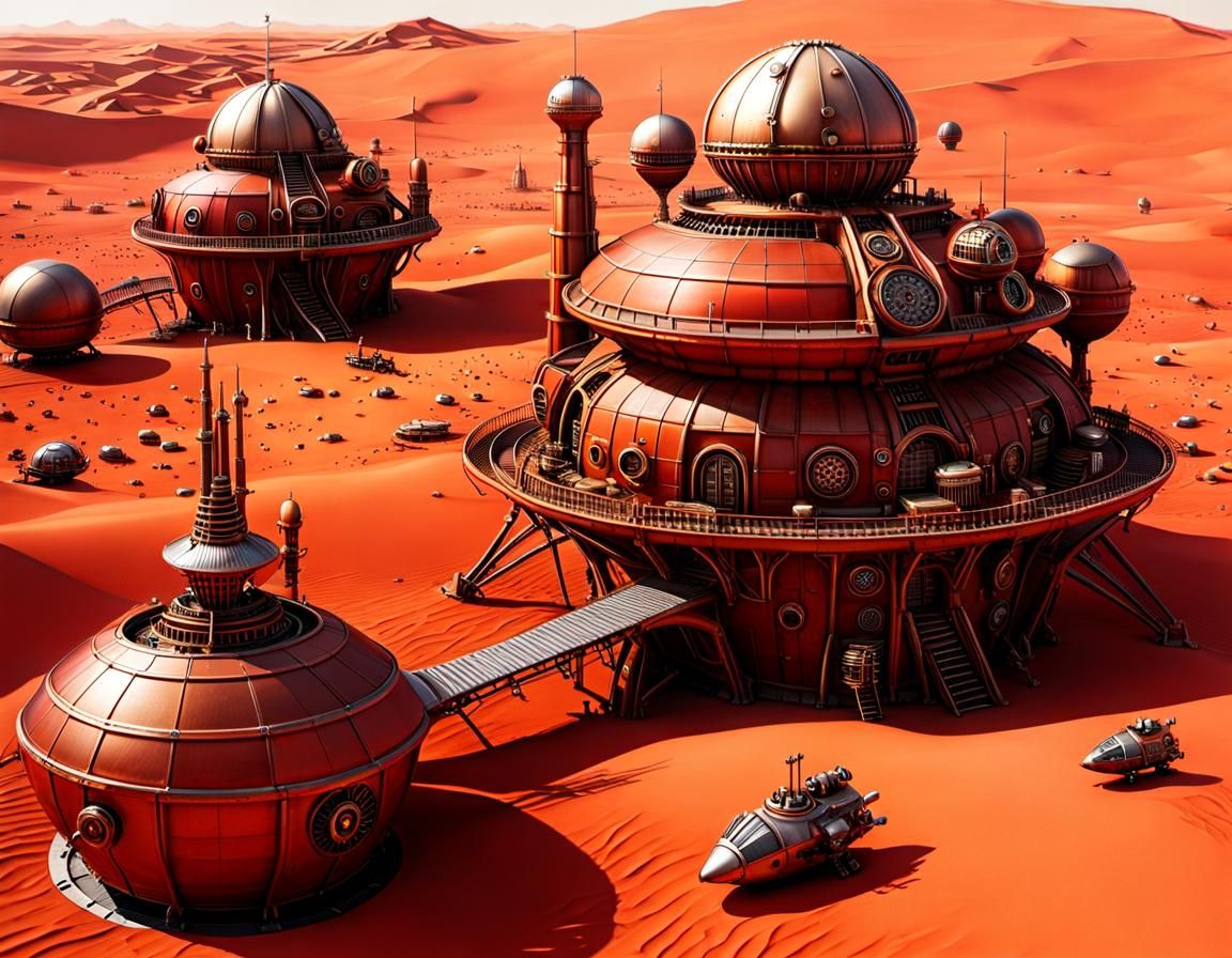 Steampunk Martian Colony with Airships and Dunes