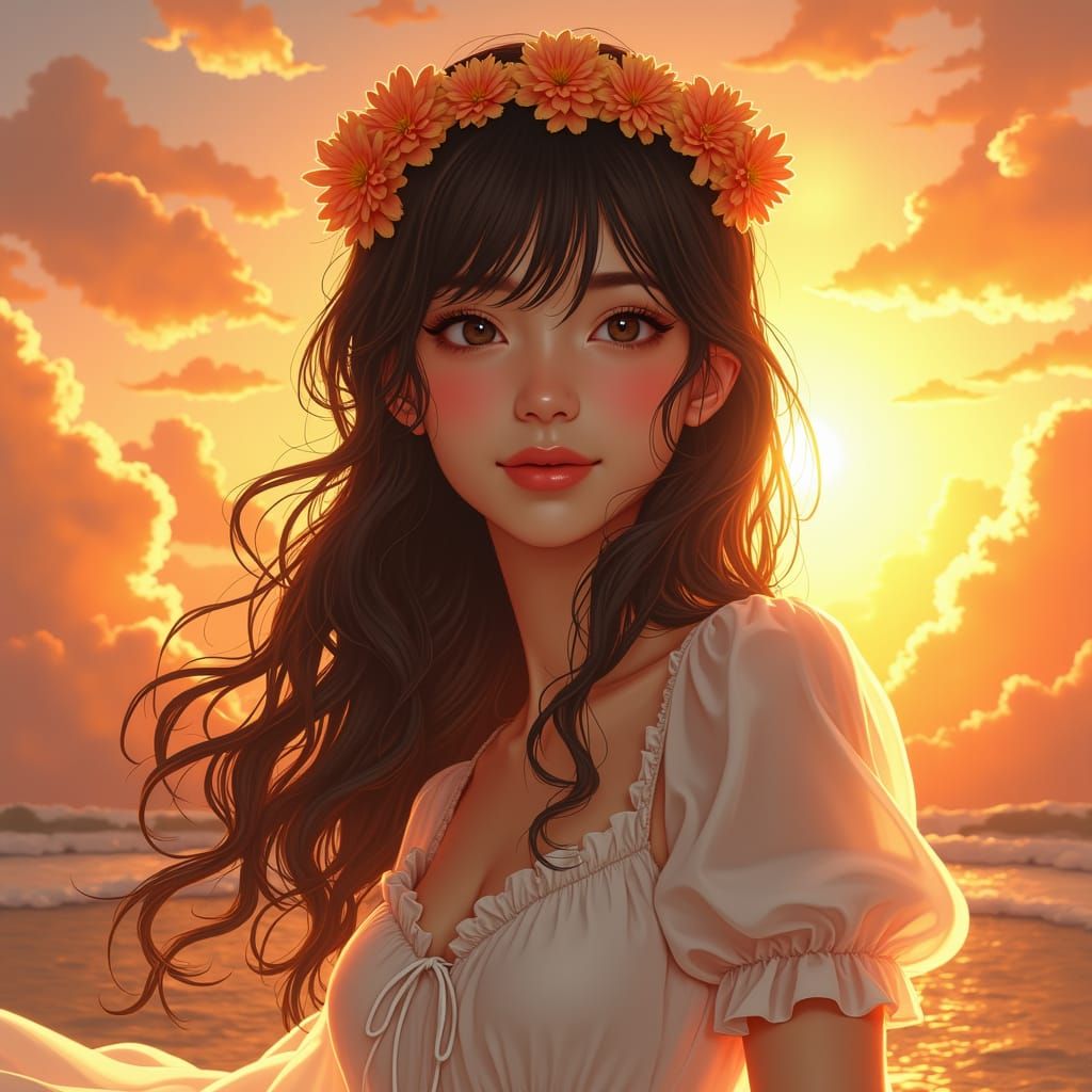 Enchanting Woman with Sunset Crown in Ethereal Light