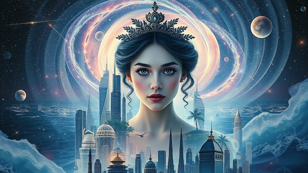 Ethereal Princess in Swirling Cosmic Vortex