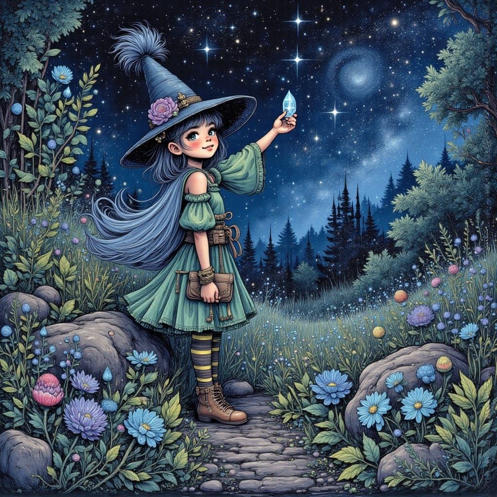 Punk Witch Tending to a Galaxy Garden in Oil Illustration St...